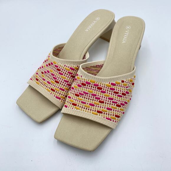 Vivaia Women Beige & Pink Knit Square-Toe Block 2" Heel Juliet Slide Size 41 - Picture 1 of 10